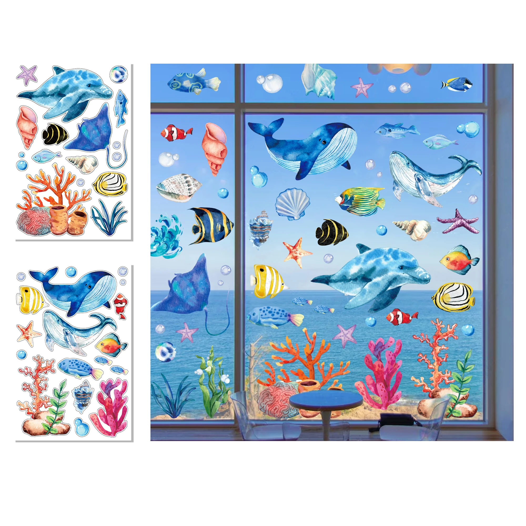 8 Sheets Blue Shark Underwater Sea Fish Theme Window Static Sticker DIY Glass Clings Birthday Baby Shower Party Backdrops Decals