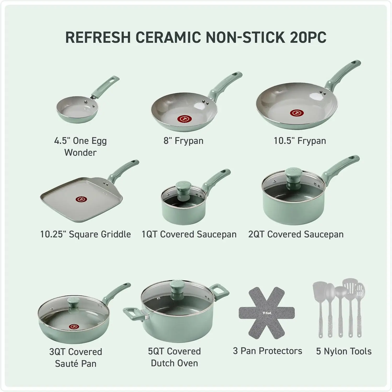 Ceramic Non Stick Cookware Set 20 Piece, Oven Broiler Safe 350F, Kitchen Set w/Egg Pan, Fry Pans, Saucepans, Griddle, Sautepan