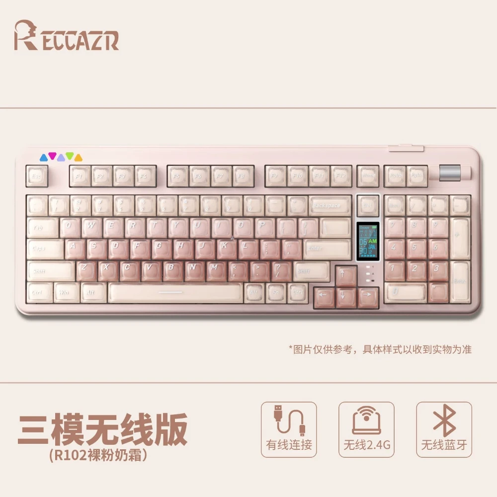 RECCAZR R102 Triple Mode Bluetooth Wireless Mechanical Keyboard Hot Swappable RGB Backlit Light with Screen Version for Office