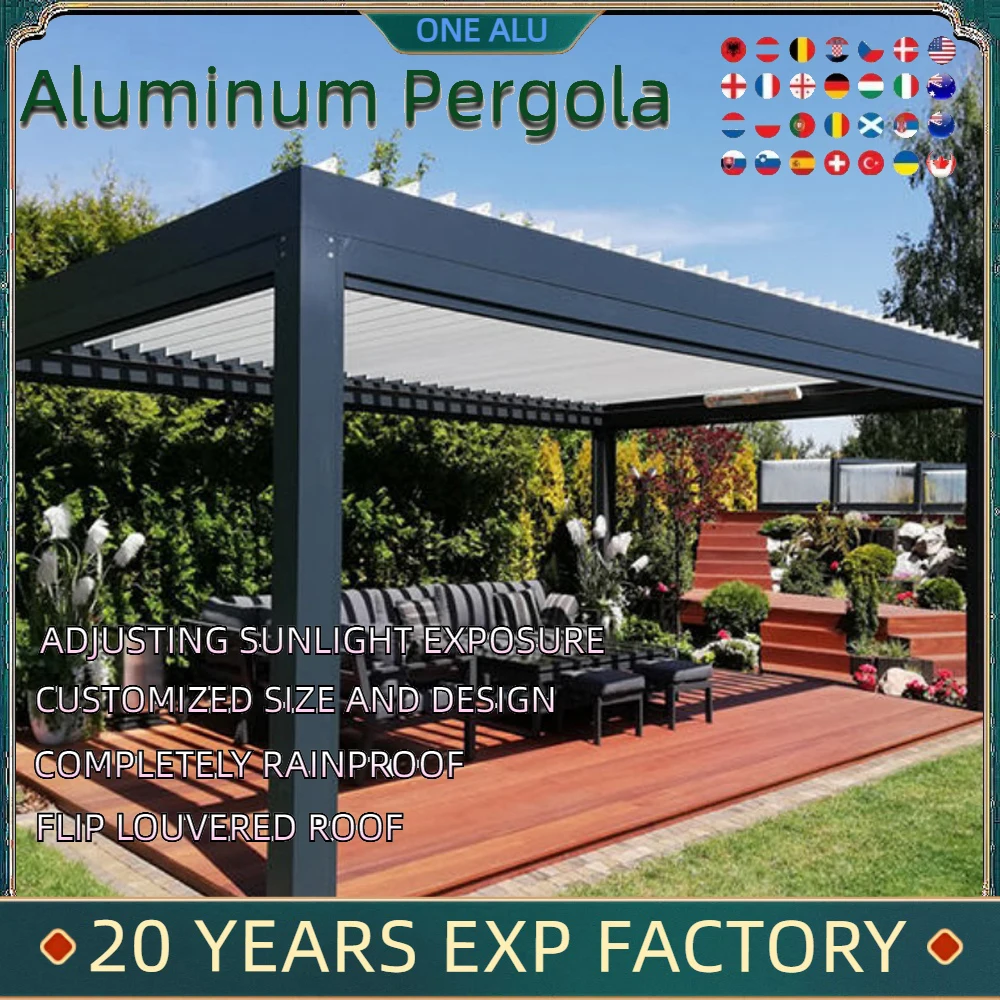 Aluminum Pergola 6063 T5 customized size aluminum alloy rain protection  With Motorized Screen Set Louvered Pergola customized