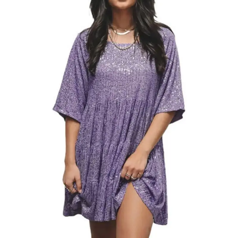 

New Spring Summer 2023 Trending Women Casual Round Neck Short Sleeve Sequined Loose Short Dress