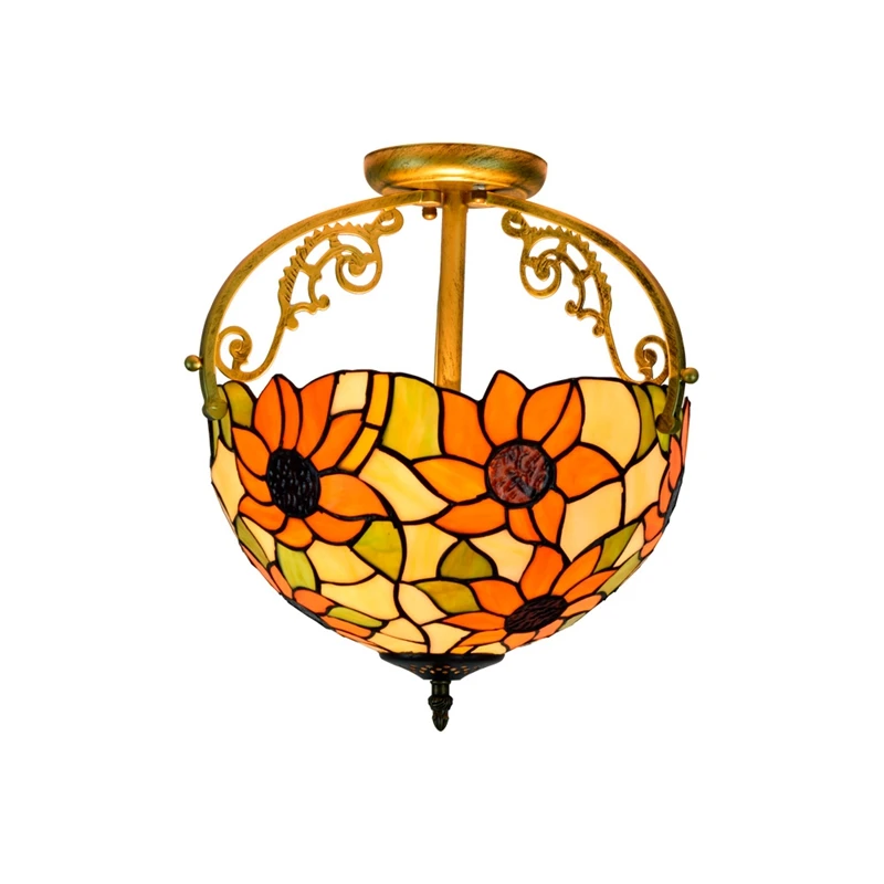 

European Rural Classic Sunflower Decoration Retro Corridor Semi Ceiling Lamp Tiffany Stained Glass Lampara Colgantes Para Cocina