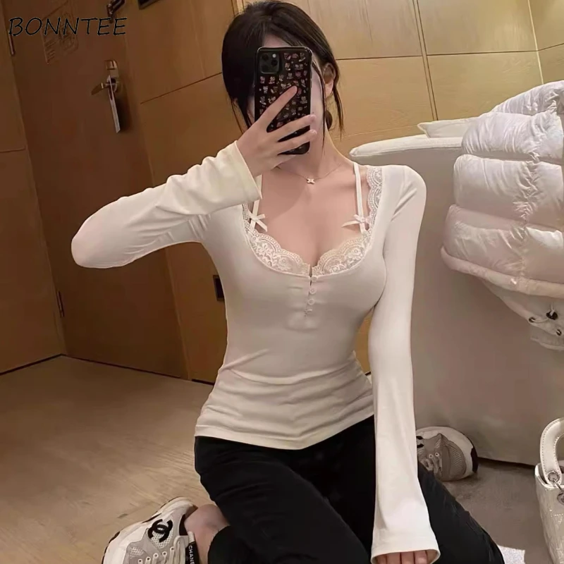 Lace T-shirts Women Long-sleeve Skinny Tops Sexy Tender All-match Charming Streetwear Basic Slouchy Ulzzang Lady Aesthetic New