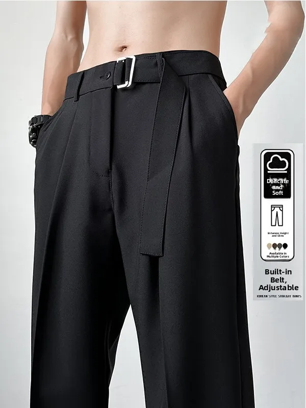 

Casual Loose Straight Leg Ice Silk Thin Men's Pants with Belt Youth Faion Polyester Fiber mid Waist Loose Fit Trousers