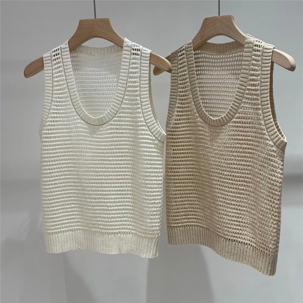 

Women's Sequins Hollow Out Linen Sleeveless Top Knit Pullover Tank Spring, Summer