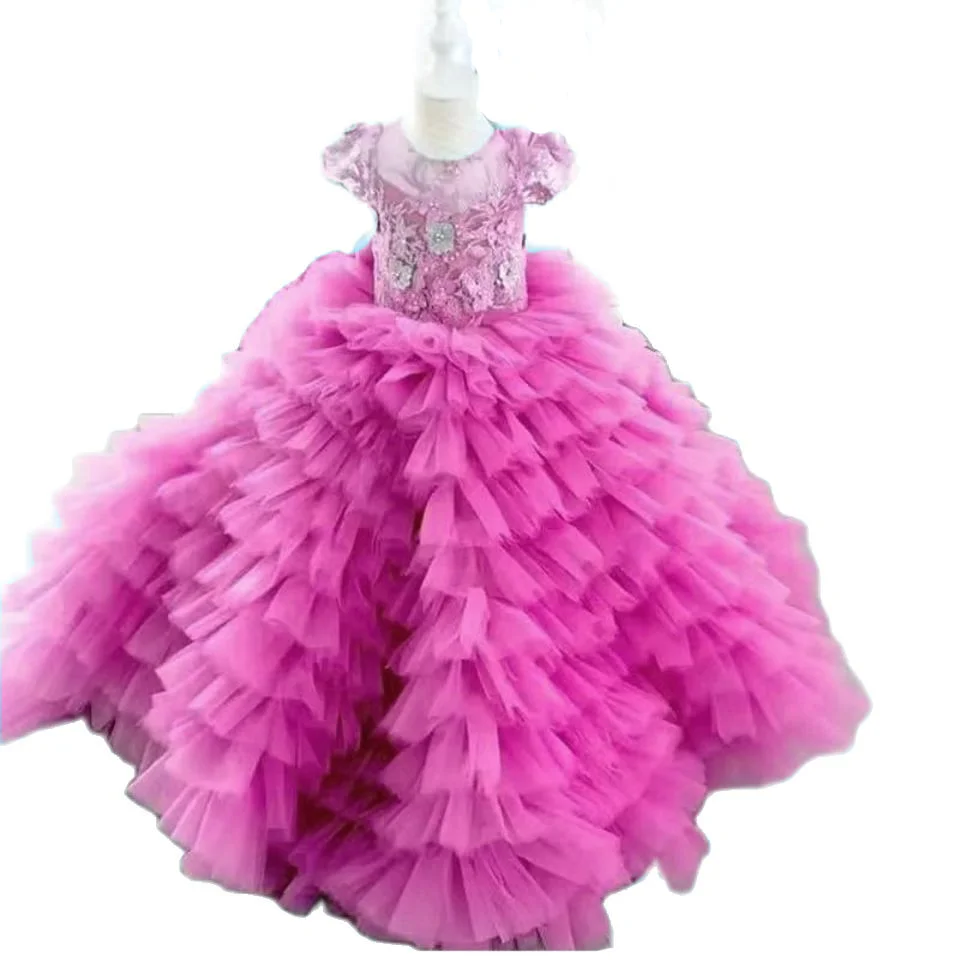 

Elegant Sleevesless Puffy Flower Girl Dresses For Wedding Tulle Tiered Appliques Princess Pageant First Communion Gown