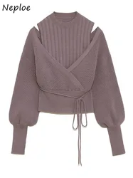 Neploe dolcevita con coulisse manica a sbuffo maglioni lavorati a maglia dolce spalla allentata senza spalline donna top autunno inverno nuovi pullover