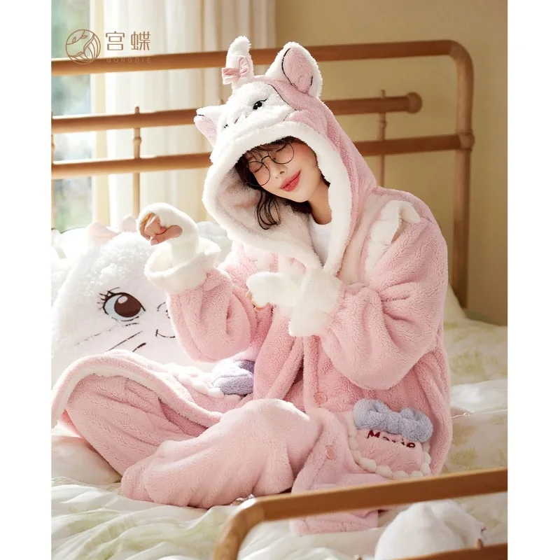 Kawaii Disney Marie Cat Autumn Winter Plush Girls Pajamas Suit Anime Thickened Hooded Nightgown Pants 2-piece Set Home Clothing