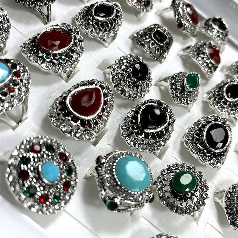 10Pcs Fashion Vintage Multicolor Stone Silver Plated Ring Tibetan Silver Retro Rings For Women Jewelry Bulks Rings Lots LR4214