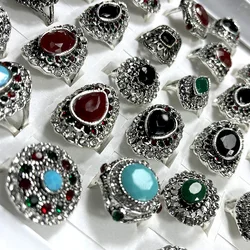 100Pcs Fashion Vintage Multicolor Stone Silver Plated Ring Tibetan Silver Retro Rings For Women Jewelry Bulks Rings Lots LR4214