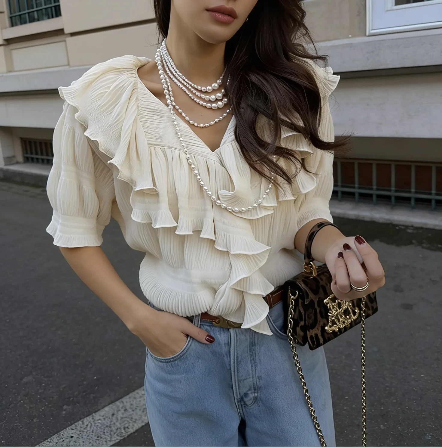 

Loose Women's Shirt Dongda Gate Style V-Neck Short Sleeve Floral Casual Breathable Cotton Summer Fashion Ladies Top