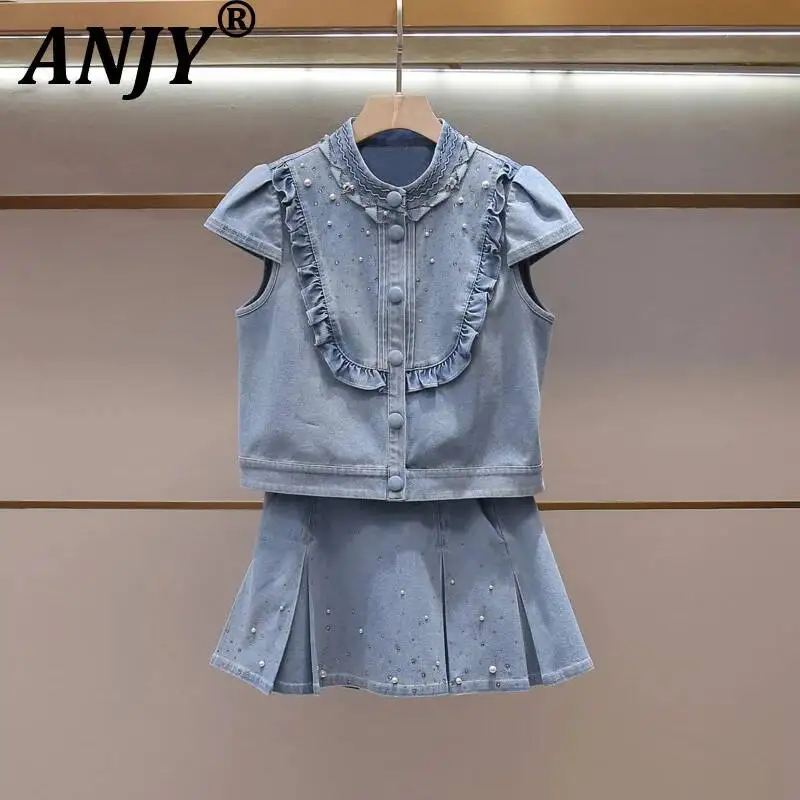 

ANJY Spring Autumn New Women High-End Fashion Youthful Embroidered Flares Niche Top Trendy Pleated A-Line Skirt Denim Set A25001