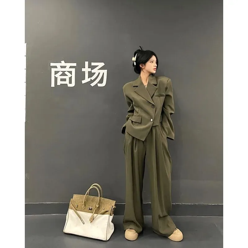 

Модный костюм, пиджак с длинными рукавами, женские осенние зеленые прямые повседневные брюки с высокой талией, комплект из двух предметов