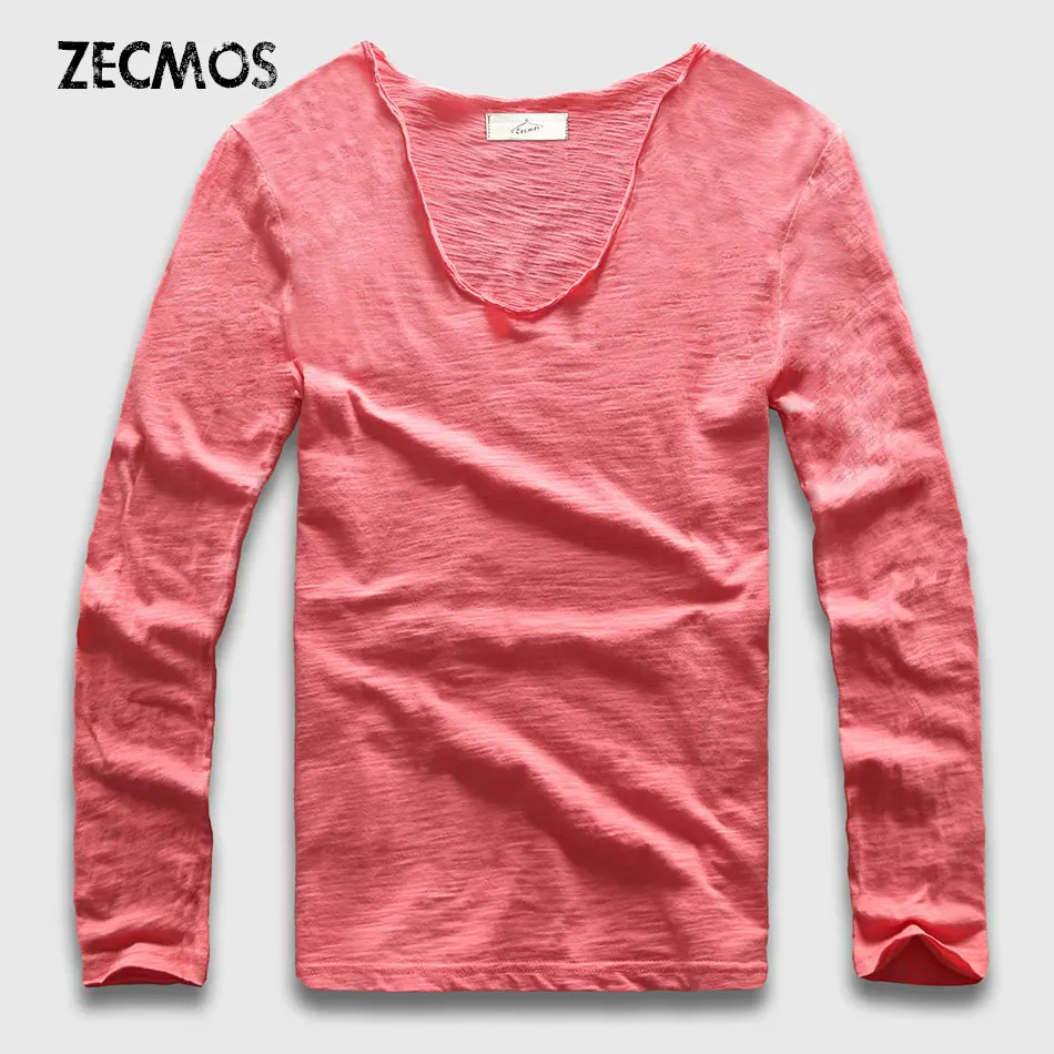 20 Colors V Neck Long Sleeve T Shirt Men Cotton T-Shirt Male Slim Fit Top Tees Casual Loose