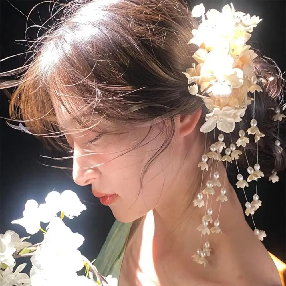 

New New Chinese Style Flower Hairpin Pearl Luxury Tassel Side Clip Side Clip Wedding Headdress