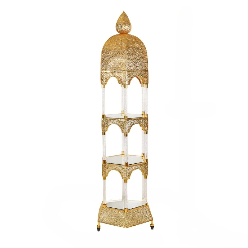 Gold hollow cart rack, wrought iron glass, three-layer movable, living room and bedroom storage rack