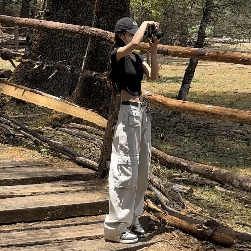 

2026 New Spring Autumn Off White Cargo Wide Leg Pants High Waist Casual Trousers Vintage Street Style Petite Loose Daily Bottoms