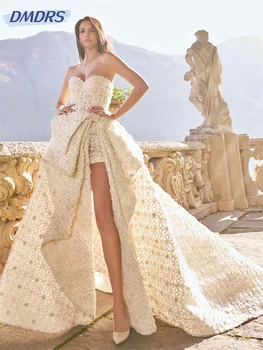 セクシーなストラップレスウェディングドレス,サイドスリット付き,エレガント,ノースリーブ,床の長さ,カスタム,2020