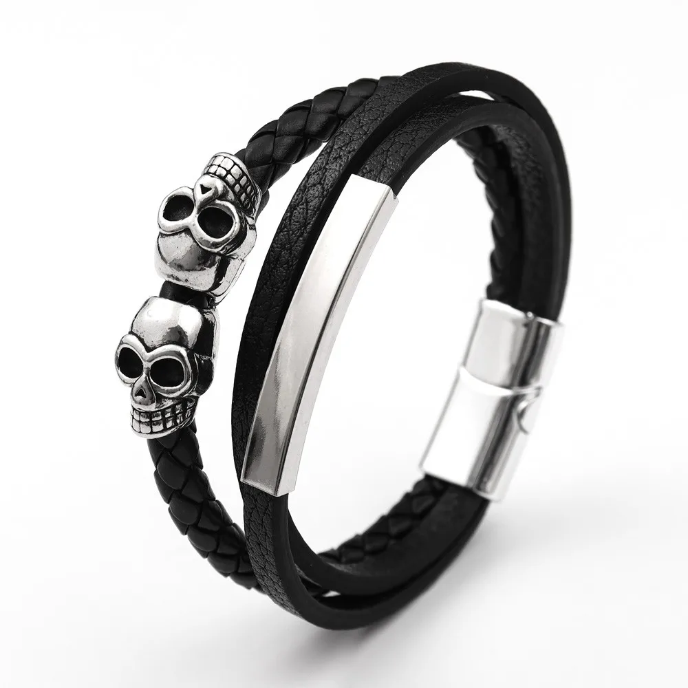 

Vintage Multilayer Leather Woven Skull Head Bracelet Charming Men's Bracelet Magnetic Buckle Fashion Jewelry Hip Hop Punk Access