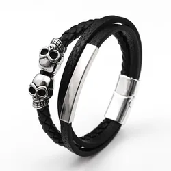 Vintage Multilayer Leather Woven Skull Head Bracelet Charming Men's Bracelet Magnetic Buckle Fashion Jewelry Hip Hop Punk Access