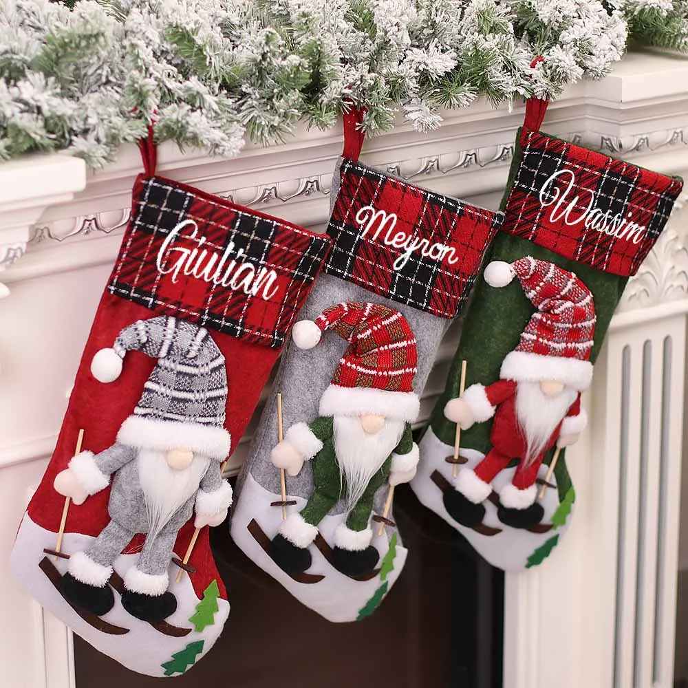 

Personalized Embroidery Christmas Stocking Add Your Name Custom Christmas Ornament Plaid Red Black Stockings Family Stocking