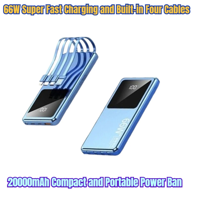 

20000mAh Compact and Portable Power Bank with 66W Super Fast Charging and Built-in Four Cables