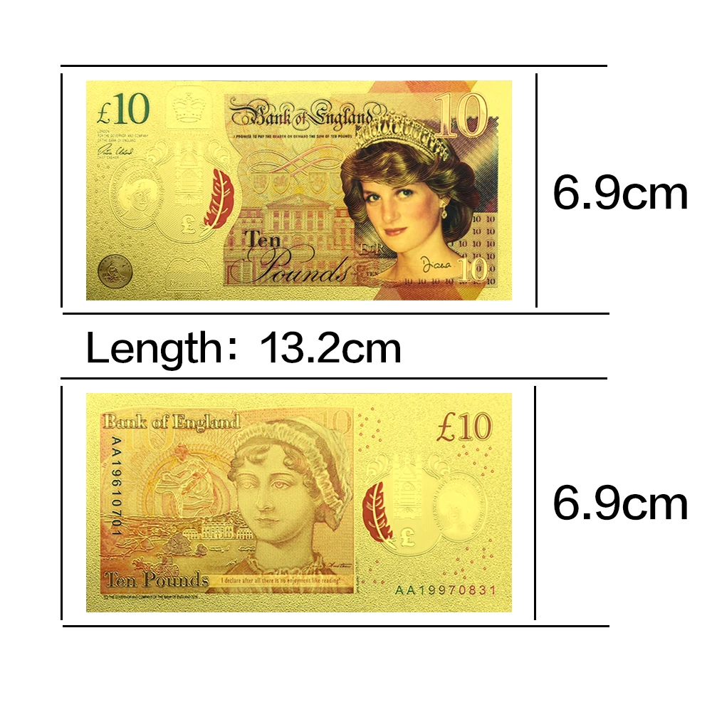 10 جنيه ديانا سبنسر الملونة مطلية بالذهب الأوراق النقدية 10 قطعة/الوحدة غير تداول الملكي الذهب الأوراق النقدية المشجعين جمع التذكارية