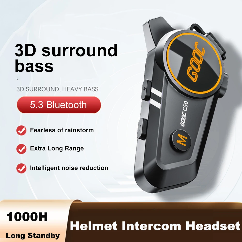 Headset interkom helm sepeda motor Bluetooth, Headset interkom helm sepeda motor Stereo panggilan bebas genggam IPX67 tahan air tiga warna lampu sekitar 1000H waktu siaga panjang