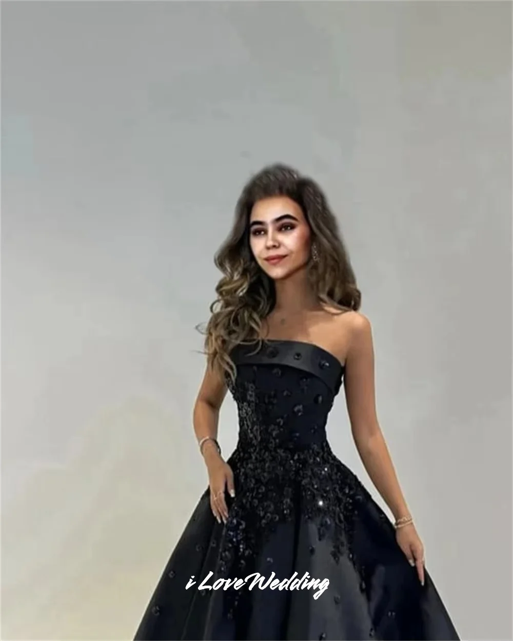 

Black Strapless Prom Dress 2025 Satin Sleeveless 3D Flowers A-Line Backless Pleated Floor-Length Wedding Party Dress Customized