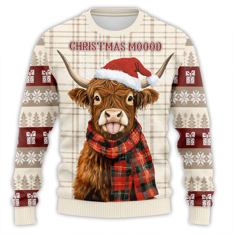 Santa Hat Cow 3D Printed Ugly Christmas Sweater For Women Clothes Casual Unisex Long Sleeve Pullovers Xmas Cows Boy Sweatshirts