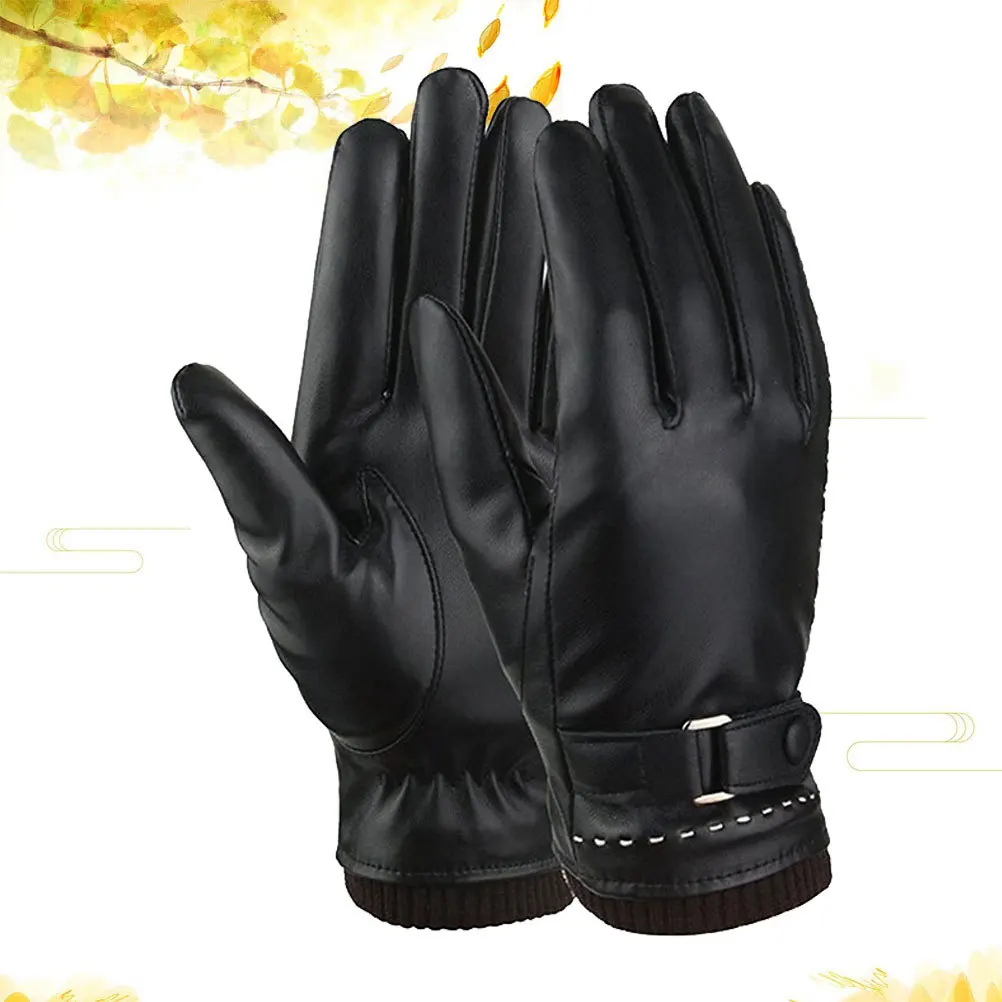 

Winter Warm PU Touchscreen Gloves Black One Size Fully Conductive Windproof Water Resistant for Outdoor Driving Use