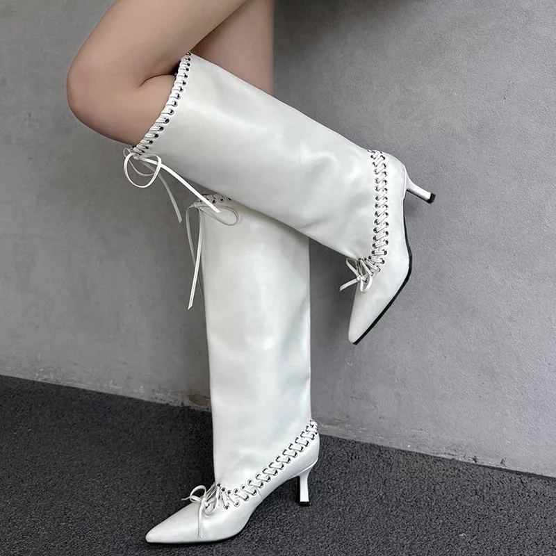 Women Knee High Boots Pointed Stiletto Heel Lace Up Bowknot PU Leather Wide Calf Tall Boots Club Party Autumn Winter Boots Shoes - view 3