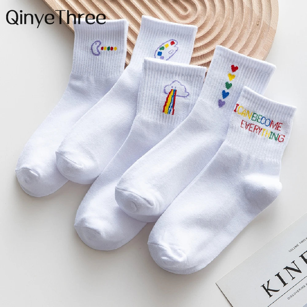 New Autumn Winter White Soft Sports Cotton Socks Hipster Street Graffiti Clouds Letter Heart Palette Eating Dropship