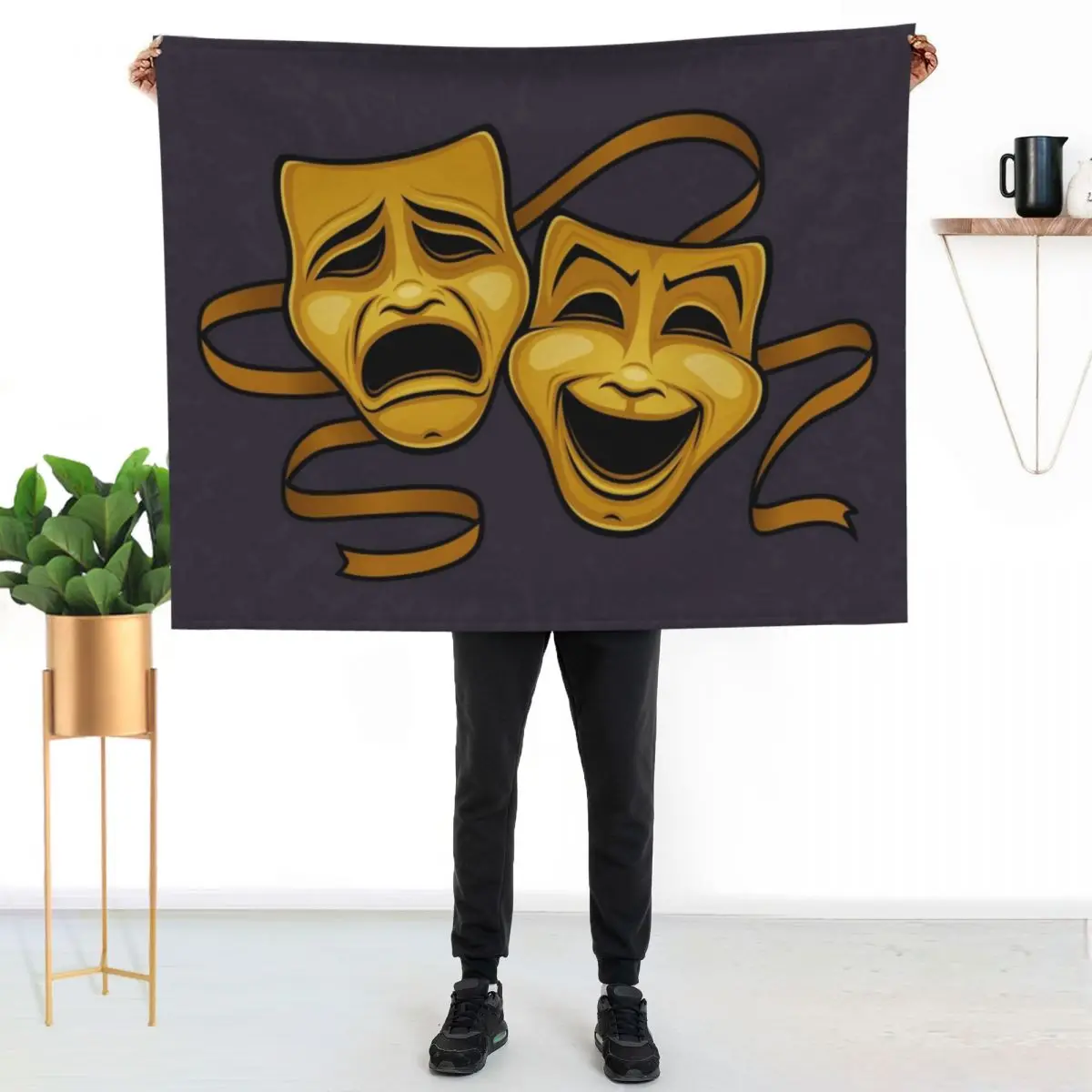 

Gold Comedy And Tragedy Theater Masks Throw Blanket Soft Sherpa Fleece Warm Blanket for Winter
