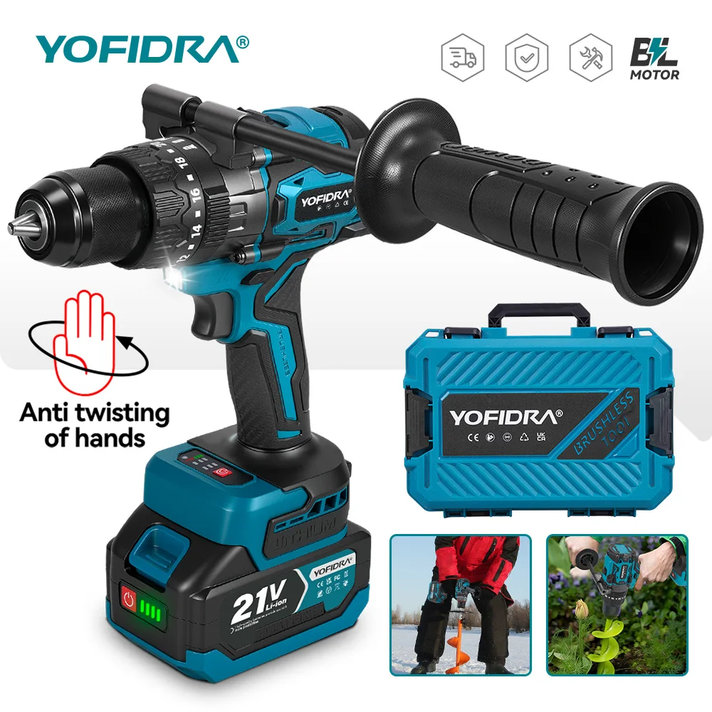 YOFIDRA 900N.M Bürstenloser Elektro-Schlagbohrschrauber 13MM 20+3 Drehmoment Handbohrmaschine Schraubendreher Elektrowerkzeug für Makita-Akku