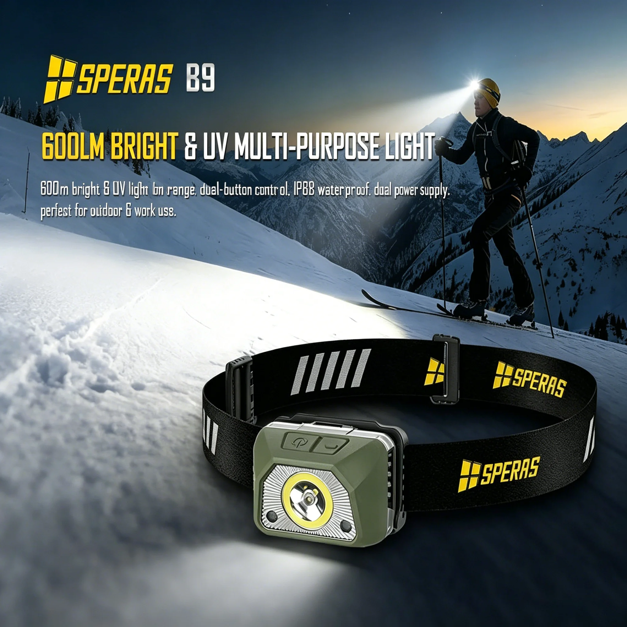 

Speras B9 600LM Rechargeable Headlamp With UV & Red Light for Outdoor Camping