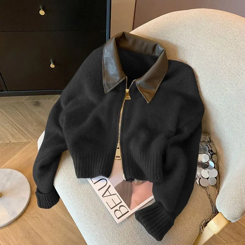 New Autumn Winter New knitted Cardigan Sweater Women Fashion Long-Sleeved Short Splicing leather Collar zipper Female Sweater