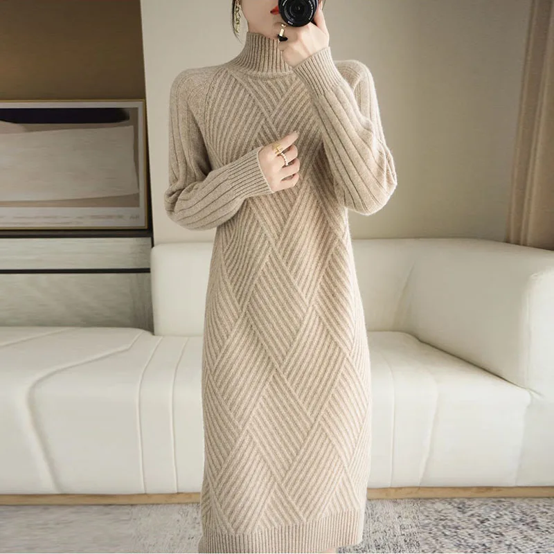 

Autumn Winter Thicke Sweater Dress Women Semi-Turtleneck Knitted Bottoming Shirt Fashion Long Loose Knitt Dress Women Outer Wear