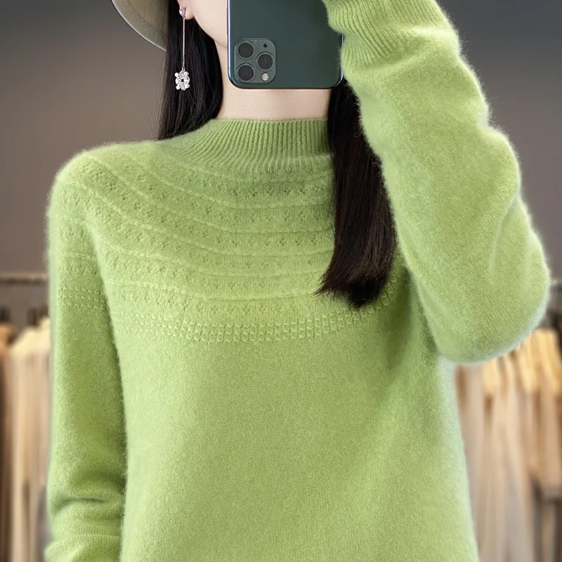 New Cashmere Sweater In Autumn And Winter 100% Pure Wool Women's Semi-High-Necked Knitted Pullover Hollowed-Out Fashion Top