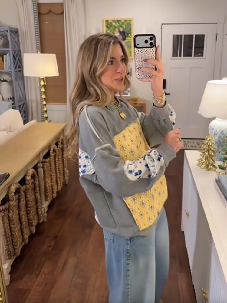 Vintage Gesteppter Blumen-Patchwork-Hoodie mit Langen Ärmeln, Kontrastfarbenem Kapuzenpullover, Boho Lässiger Lockerer Pullover mit Tasche – Detail 4