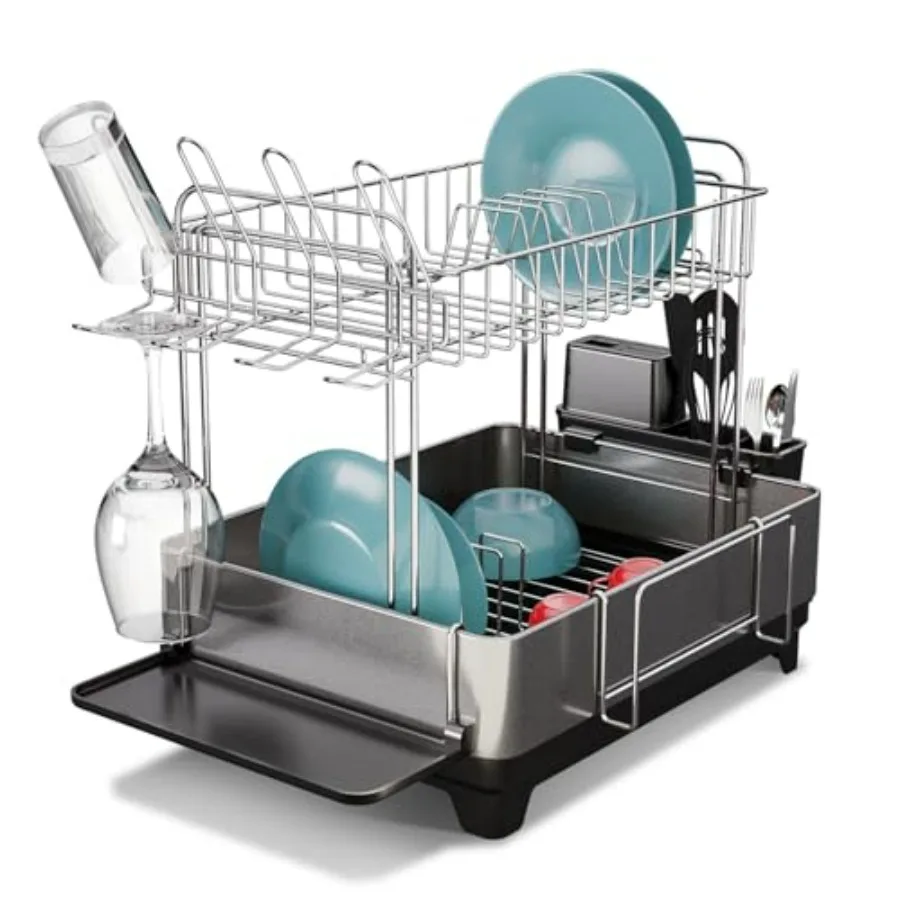 

Large 2-Tier Stainless Steel Dish Drying Rack with Drain Pipe and Utensil Holders in Silver for Kitchen Countertop Use