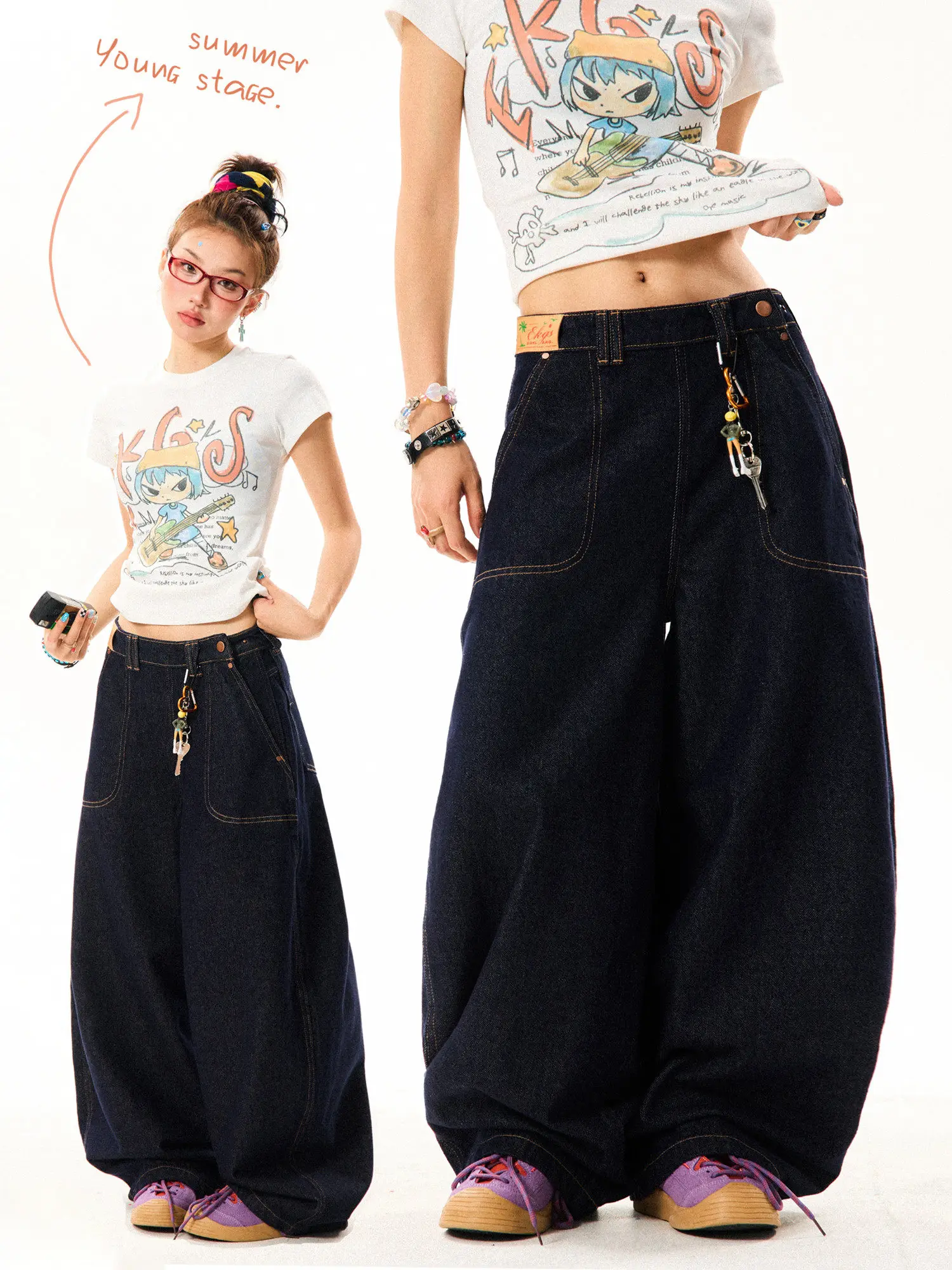 

Джинсы Young Stage в американском стиле ретро с вышивкой, женские повседневные универсальные свободные узкие широкие брюки, синие l талии