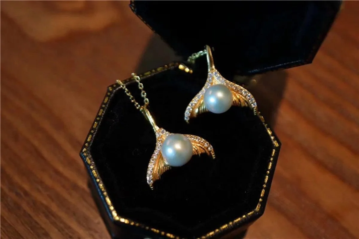 AAA 8-9mm 9-10mm  japan akoya Light white gray round pearl ring pendant set 18K copper plated goldfish tail wire drawing process