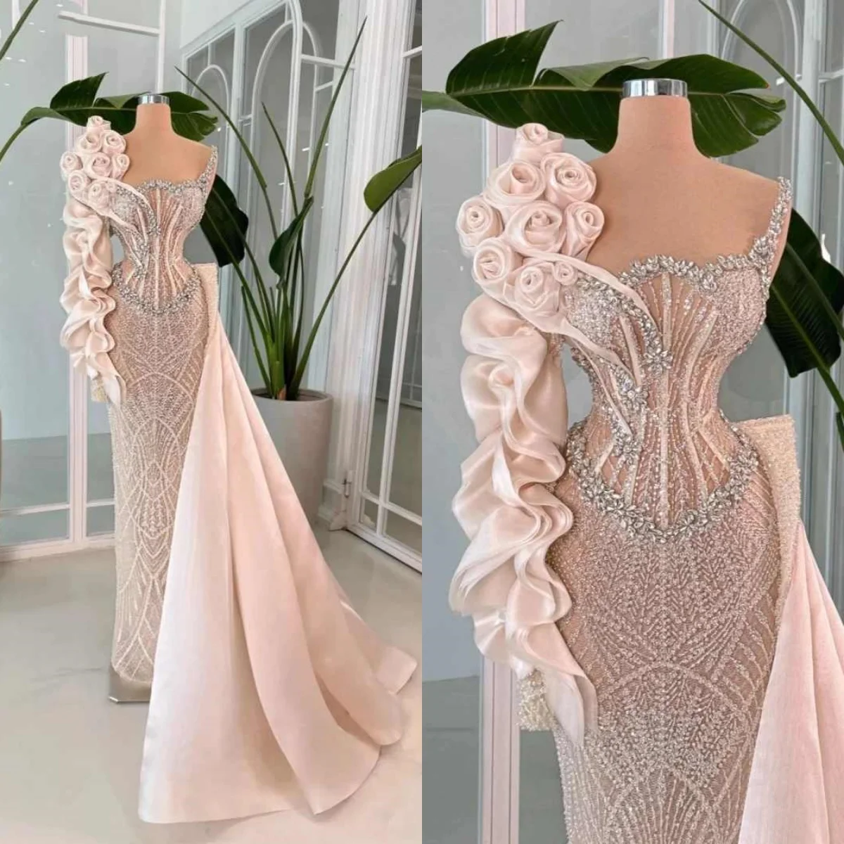

Elegant Pink Evening Dresses Sheath Floral Appliques Sequins Length Prom Dress Formal Occasion Vestido De Noite Customized
