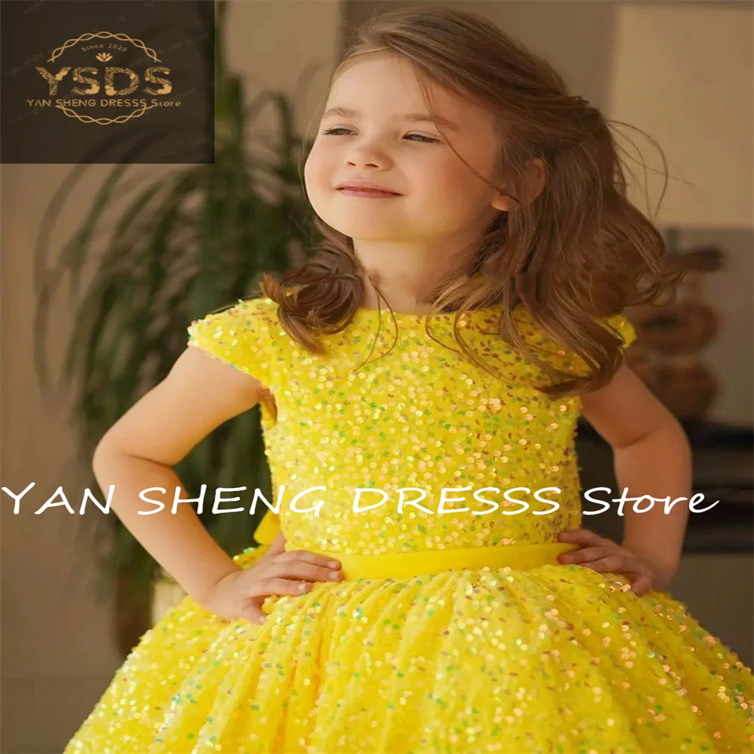 Yellow Short Child Flower Girl Dress Sequin Kids for Wedding Party First Communion Gown Cap Sleeve Ceremonial Dress Ball Gown