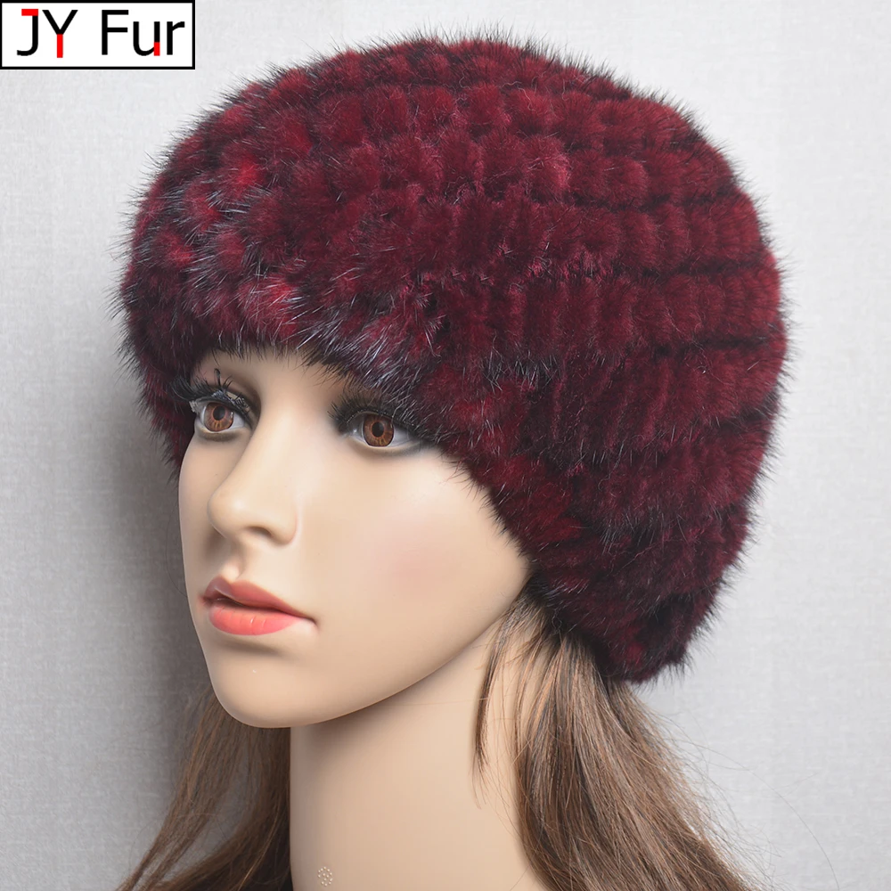 New Fashion Genuine Real Natural Women\'s Knitted Mink Fur Hat Handmade Knit Fashion Winter Headgear Berets Cap