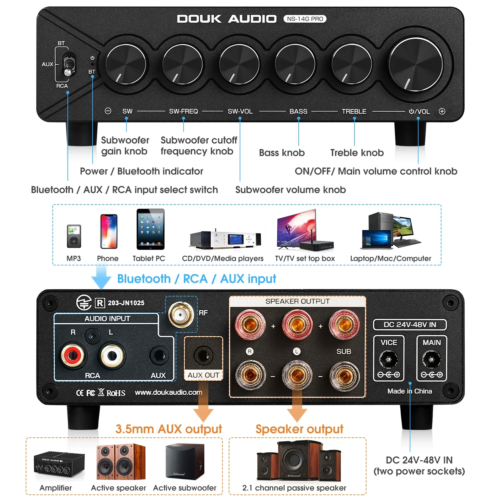 Nobsound NS-14G-PRO HiFi 2.1 Channel Bluetooth TPA3255 Digital Amplifier Subwoofer Stereo Audio Amp Power Amplifier 300W