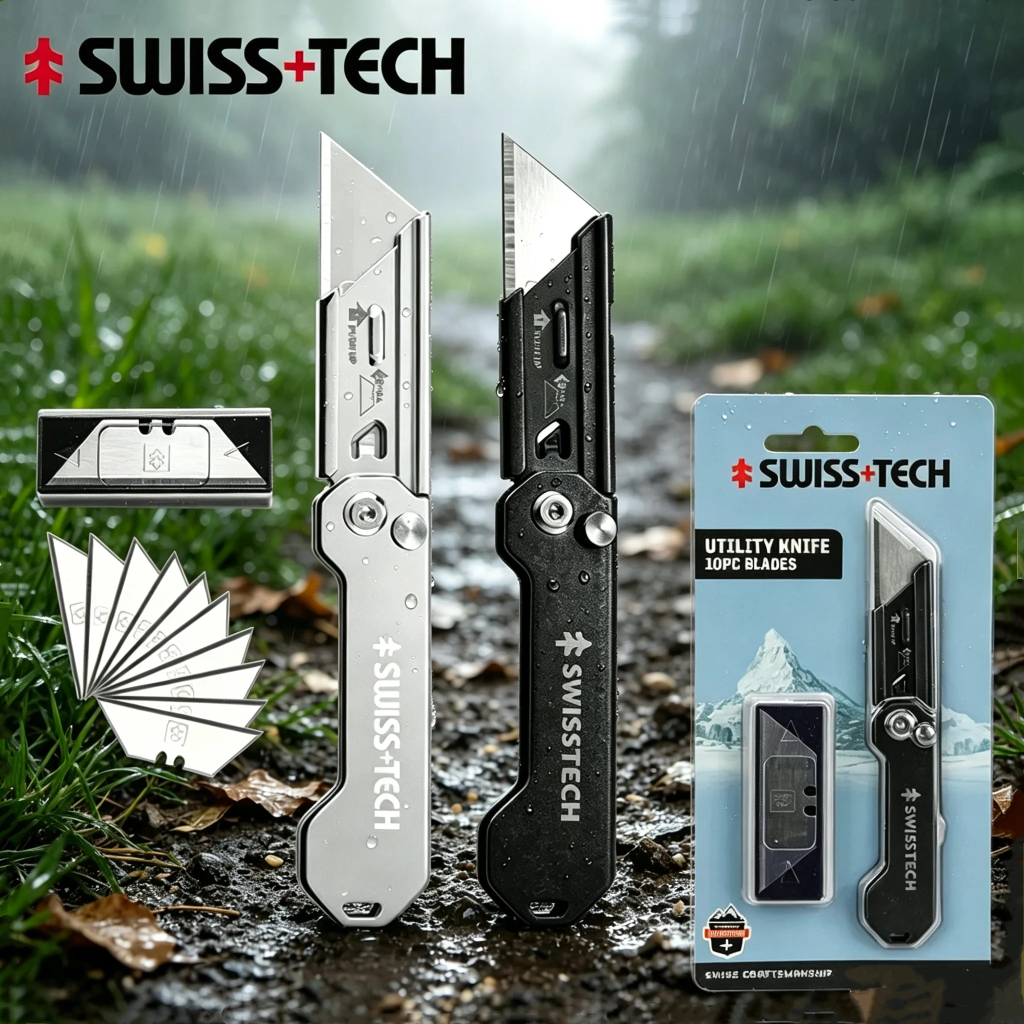 Swiss Tech Folding Utility Knife Unpacking Express Knife Pocket Knife with Belt Clip Small Cutting Blade for Cutting Box Paper