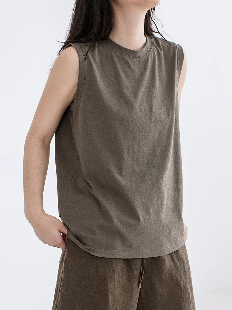 

IDYLL ISLE Летний хлопково-льняной вязаный жилет с круглым вырезом, свободный крой, женская простая универсальная удобная футболка 600