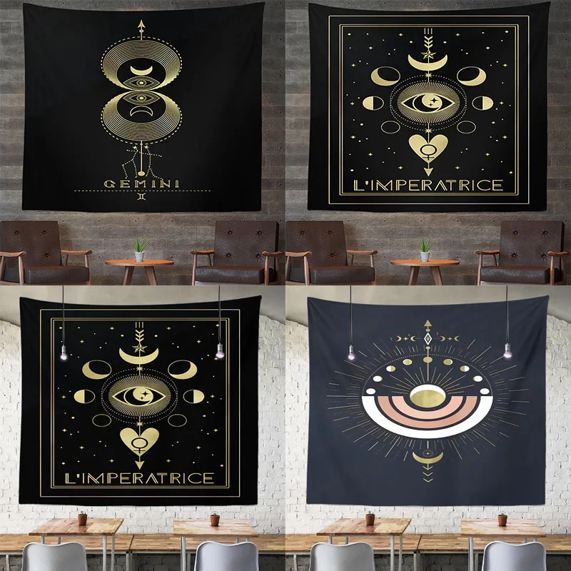 Hanging Wall Tapestry Painting Black Gold Moon Tapestry Illusion Sitting Array Decoration Printing Background Cloth